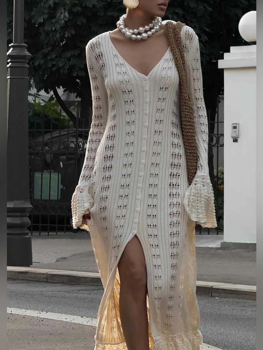 Pointelle Cream Knit Bohemian long Cardigan Maxi dress Cottagecore FairyCore L